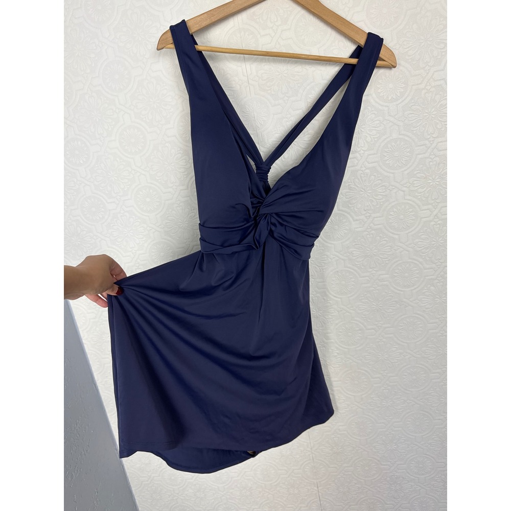 LL Bean Navy Blue Twist Front Skirted Swim Dress One Piece Swimsuit XL